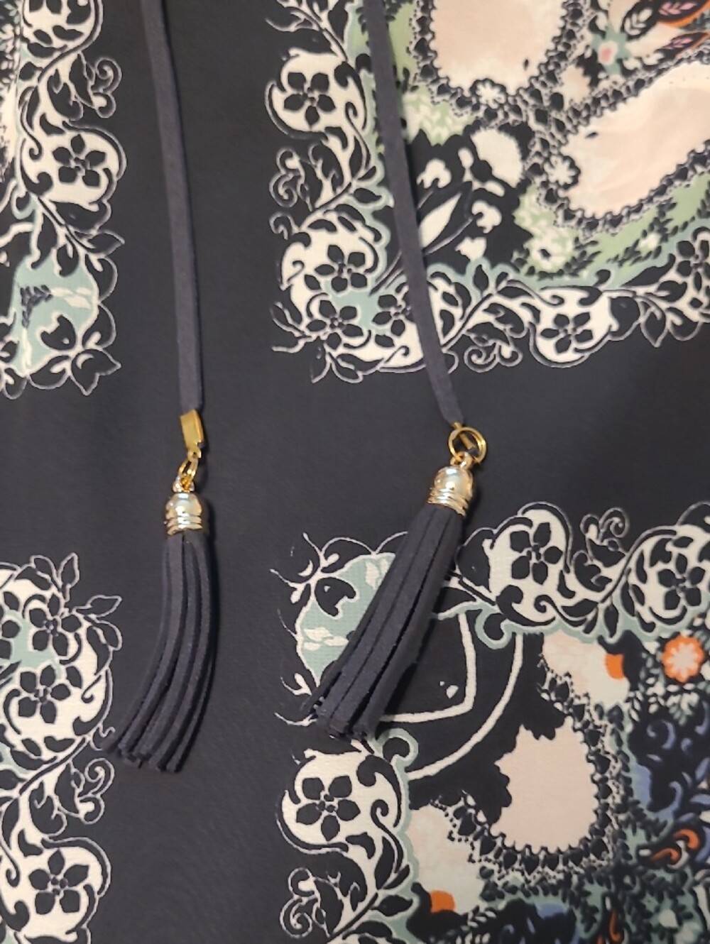 Vince Camuto Black Sheer Paisley Bell-Sleeve Dress - Picture 3 of 8
